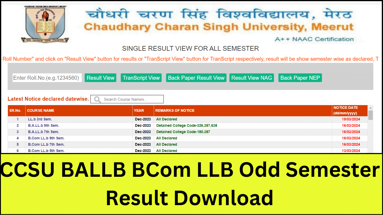 CCS University Result 2024 OUT; BCA BBA LLB BCom LLB Odd Semester ...